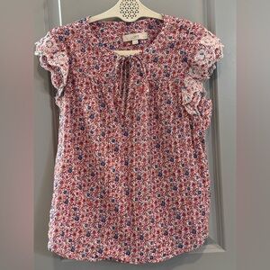 LOFT Red and Blue Floral Ruffle Sleeve Blouse